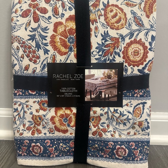 Rachel Zoe Peacock Fall Oblong Cotton  Blue/Rust Tablecloth 60” X 84” - Picture 1 of 6
